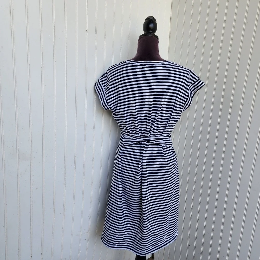 J. CREW Short Sleeve Black White Striped Dress Tie Waist Cotton Stretch Sz M